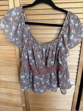 Celebrity Pink Brown Floral Peasant Top with Lace Waist